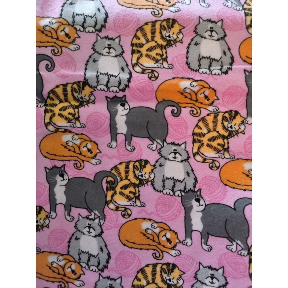 Whimsical Cats with Yarn on Pink Cotton Flannel Fabric Multicolor 44x54 Remnant